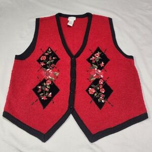 Vintage Koret Diamond Floral  Embroidered Red Sweater Vest Wool Blend Womens LRG